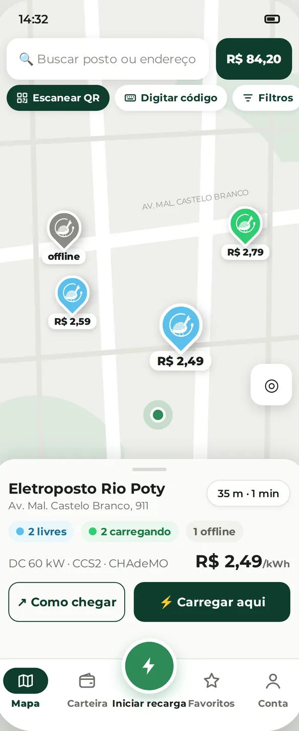 Tela do app com o mapa e os pontos de recarga
